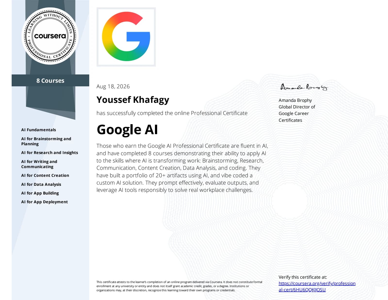 Google AI Professional Certificate issued to Youssef Khafagy on August 18, 2026